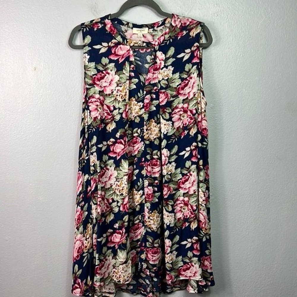 Umgee Floral Sleeveless Dress Navy & Pink Floral Swing Style Tunic Top Medium